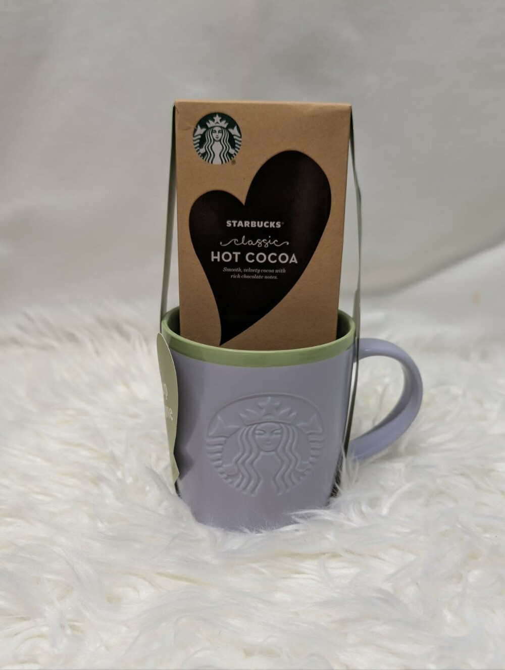 New Starbucks Lavender Mug with Green Rim and Hot Cocoa